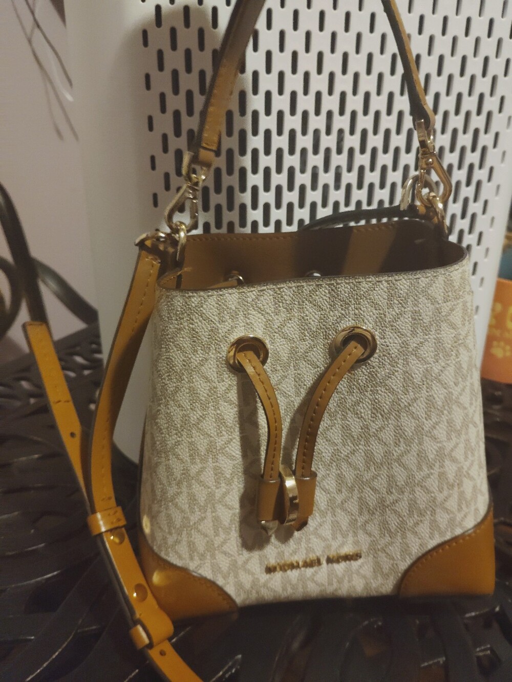 Michael Kors Beige & Tan Signature Drawstring Bucket Bag